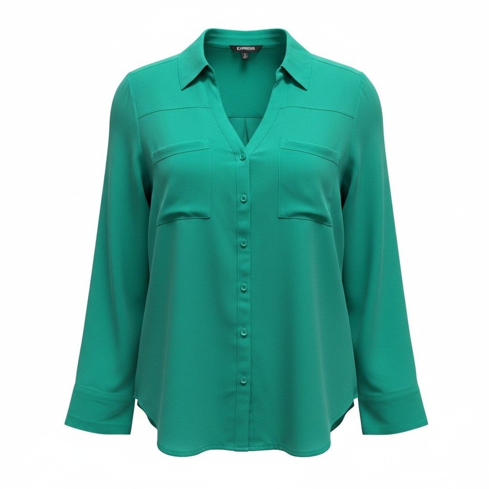Express Button Up Blouse Womens Medium Green Excellent Long Sleeve Portofino Top